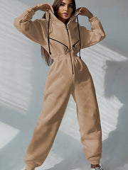 Drawstring Hooded Jumpsuit Long Slipper Zippered Pocket Sports Catsuit