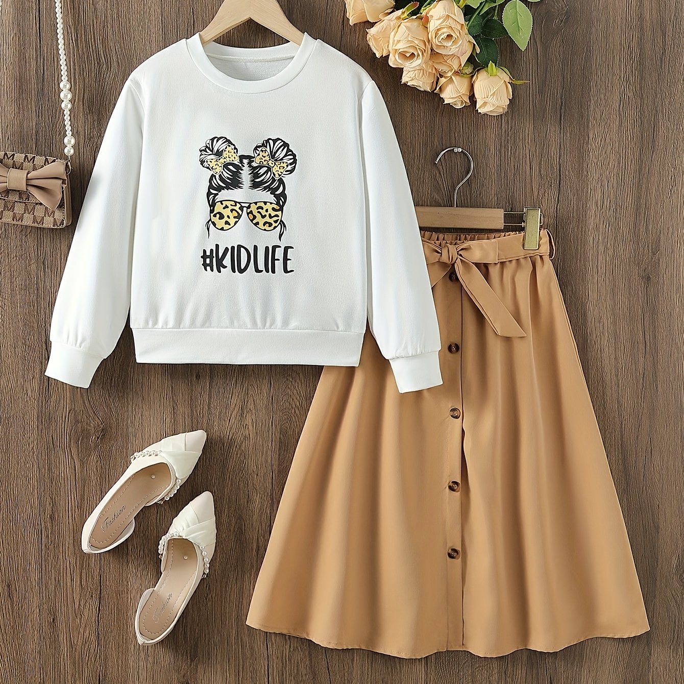 Girl's Cartoon Sunglasses Print 3pcs Sweatshirt & Skirt Set