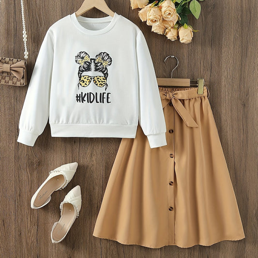 Girl's Cartoon Sunglasses Print 3pcs Sweatshirt & Skirt Set