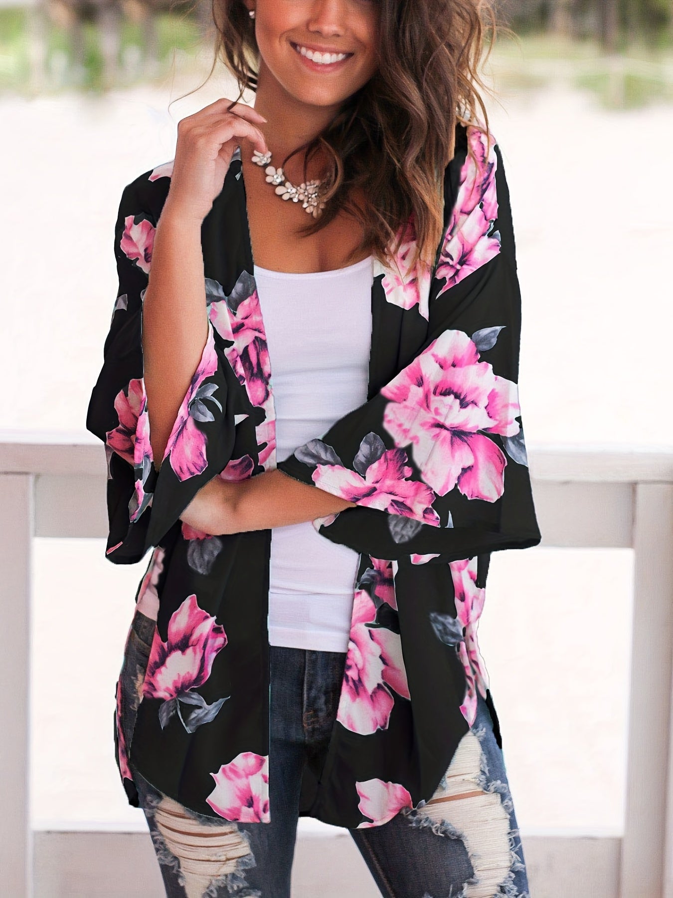 Floral Print V Neck Cover Up Shirts Long Sleeves Loose Fit
