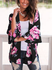 Floral Print V Neck Cover Up Shirts Long Sleeves Loose Fit
