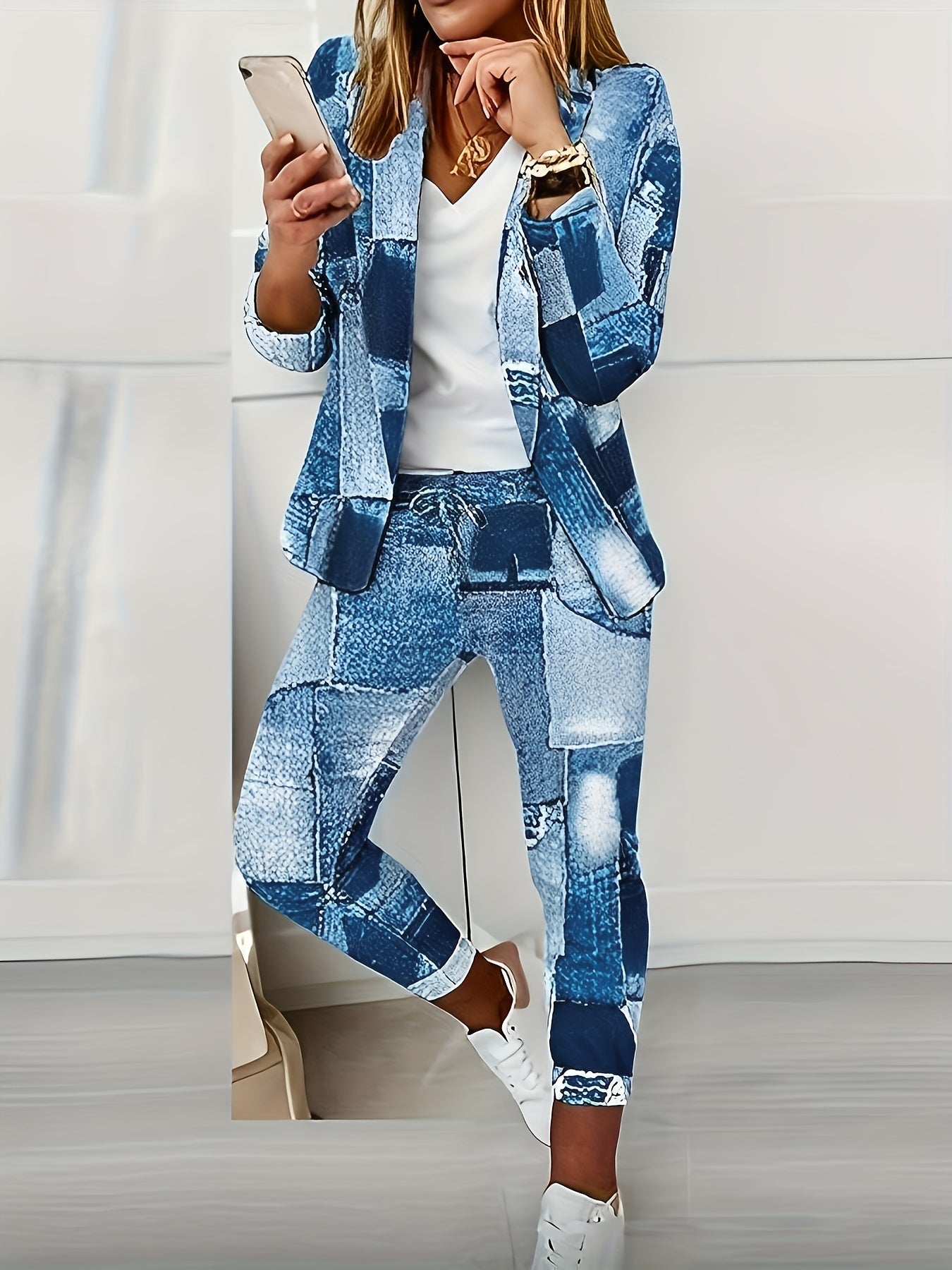 Allover Print Blazer & Pants Set for Women