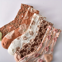 5 Pairs 3D Floral Textured Socks Retro Style All Match Women's Stockings