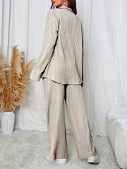 Button Front Long Sleeve Shirt & Wide Leg Pants Set