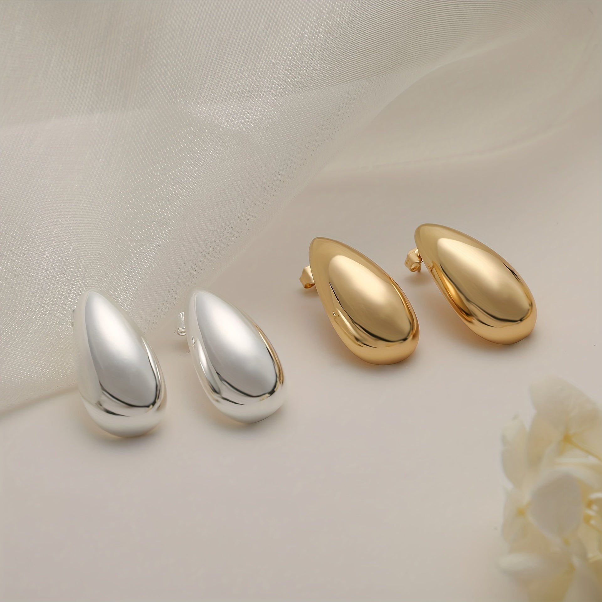 Melon Seed Water Drop Stud Earrings Minimalist Golden Silver Chunky