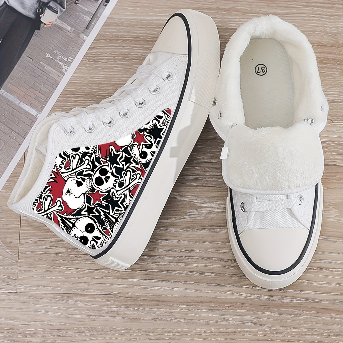 Girl's High Top Skull Pattern Skate Shoes Warm Plush Lining