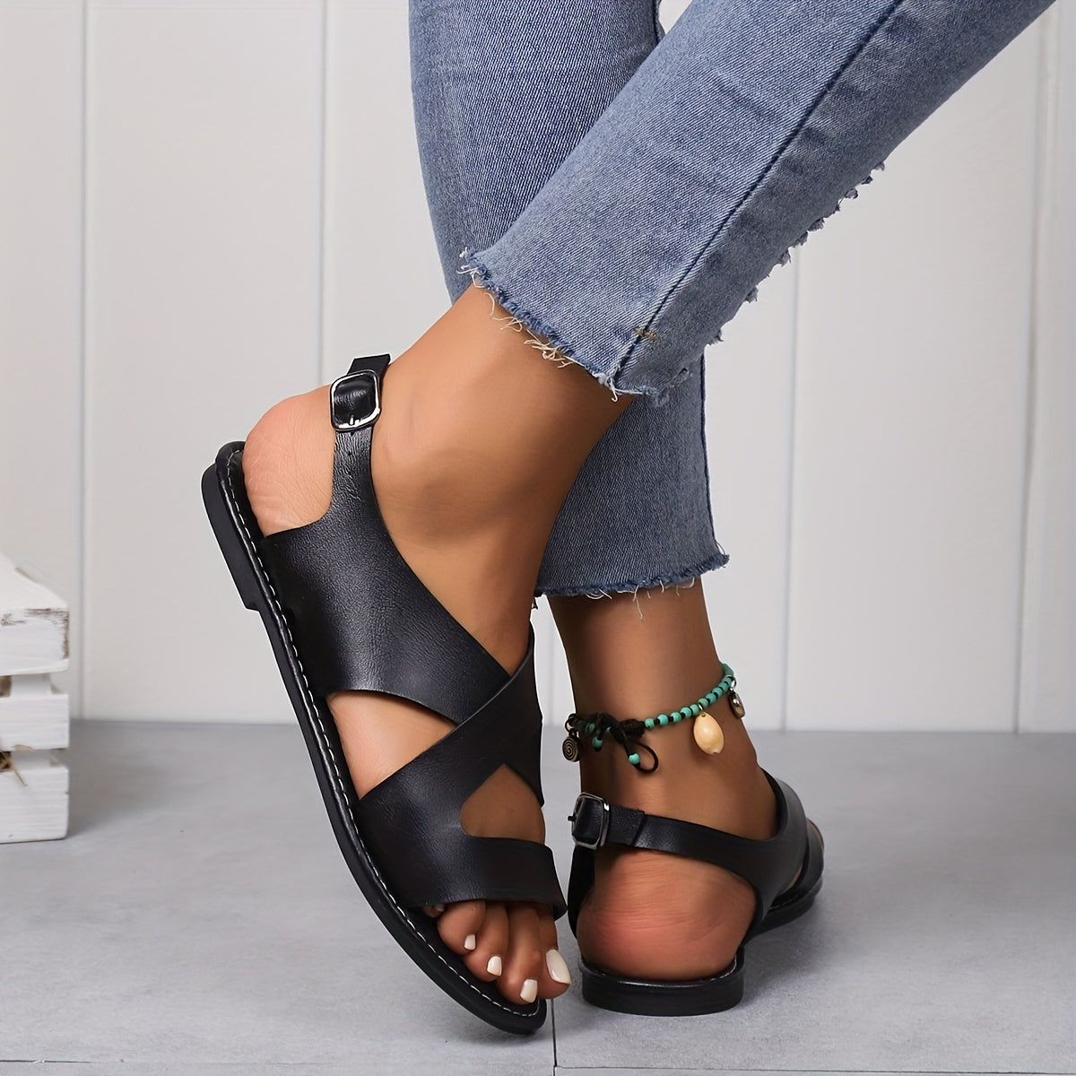 Women's Cross Strap Sandals Open Toe Ankle Buckle Strap Shoes
