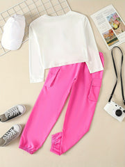 Girls 2pcs Comfy Outfits Crew Neck Long Sleeve Pullover Top Cargo Pants Set