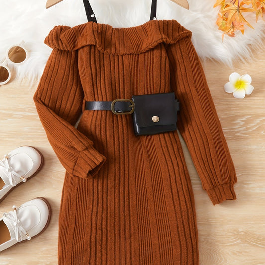 Girls Off Shoulder Long Sleeve Knitted Dress