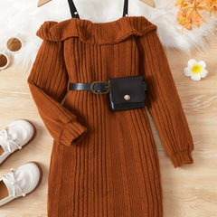 Girls Off Shoulder Long Sleeve Knitted Dress