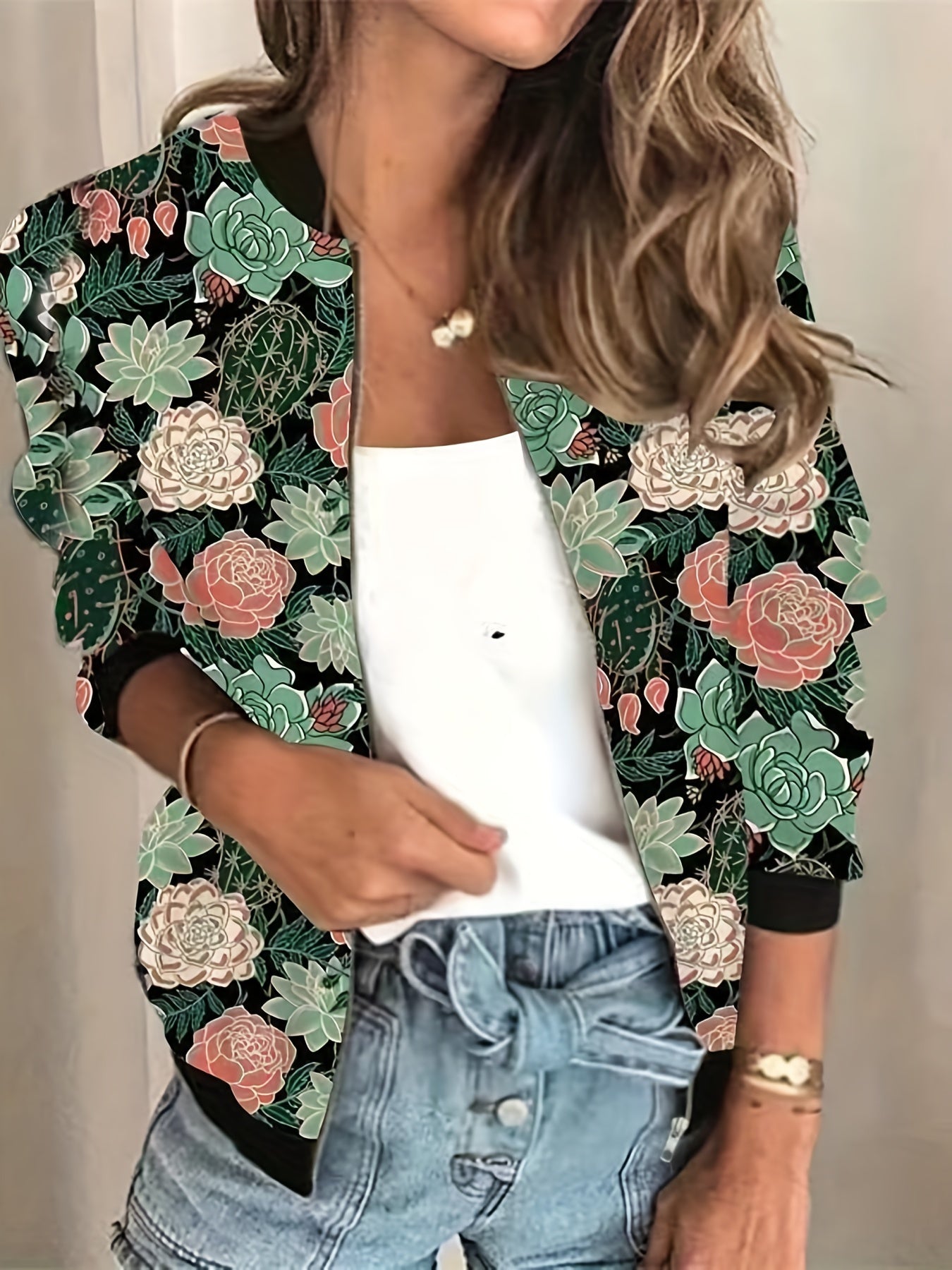 Graphic Print Zipper Jacket Baseball Neck Outerwear
