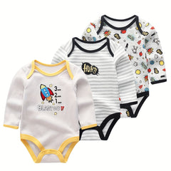 3Pcs Cartoon Long-sleeved Baby Bodysuits Cotton 0-12M Jumpsuits