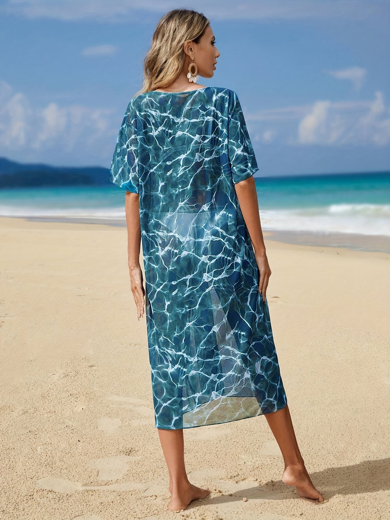 Ripple Print Cover Up Dress V Neck Short Sleeves Loose Fit Semi Sheer Beach Kaft