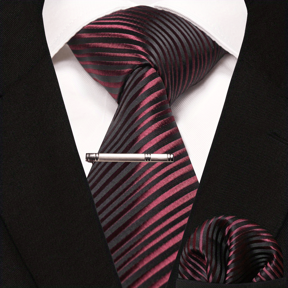 3pcs Striped Tie & Pocket Square Set with Tie Clip