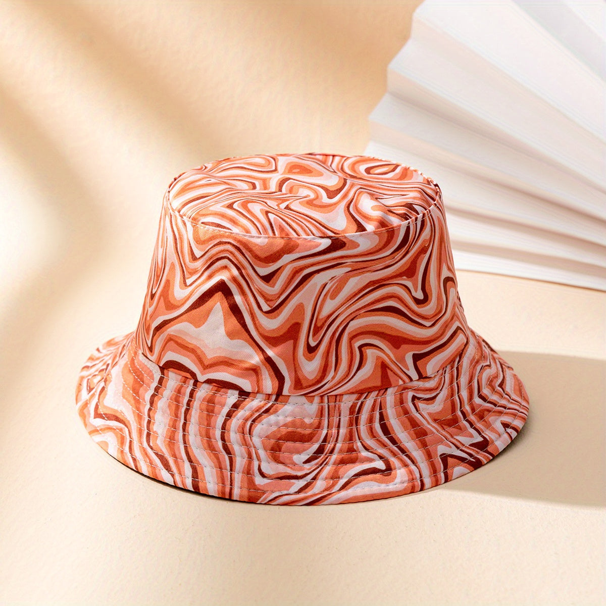 Red Wavy Striped Cotton Bucket Hat Women Sunshade Basin Fisherman Cap