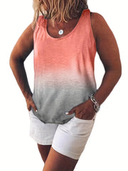 Ombre Print Tank Top Round Neck Stretchy Plus Women's