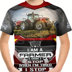 FARMER Tractor Print Tee Boys Casual Short Sleeve T shirt