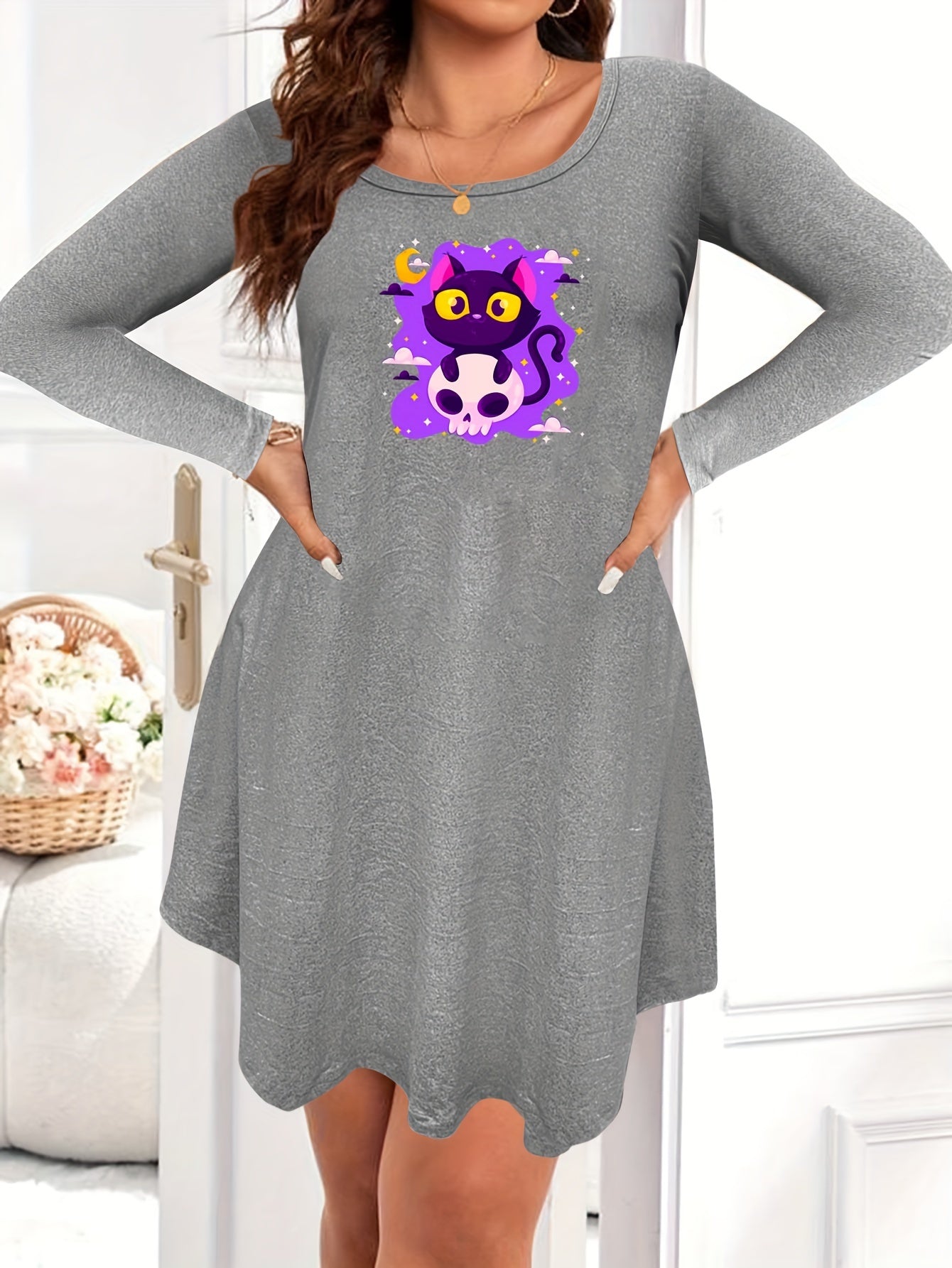 Cat & Skull Print Nightdress Long Sleeve Round Neck Sleep Dress