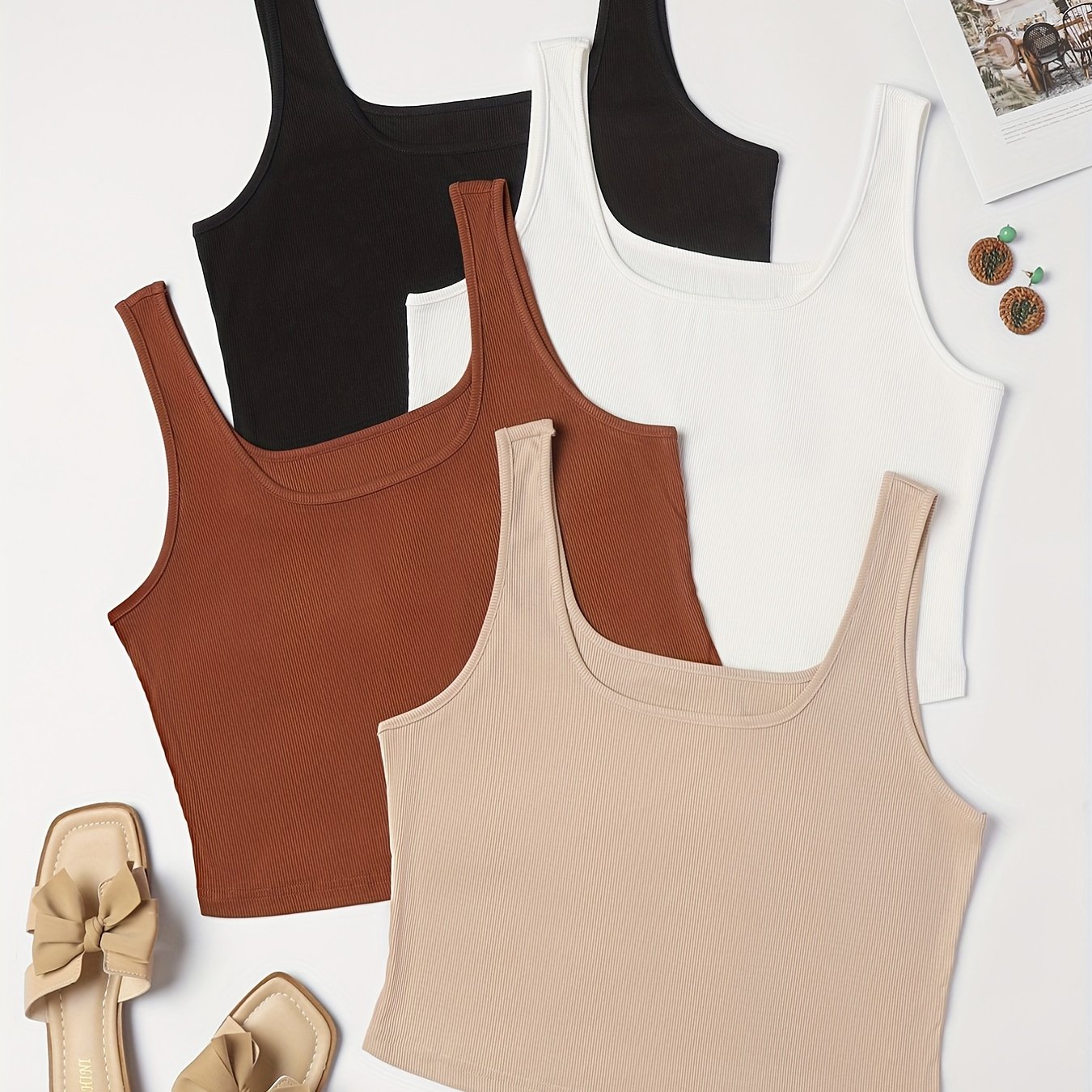 4 Pack Plus Size Ribbed Round Neck Tank Top High Stretch