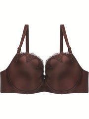 Bra Women's Plus Satin Contrast Lace Hook & Eye High Stretch Solid Bra