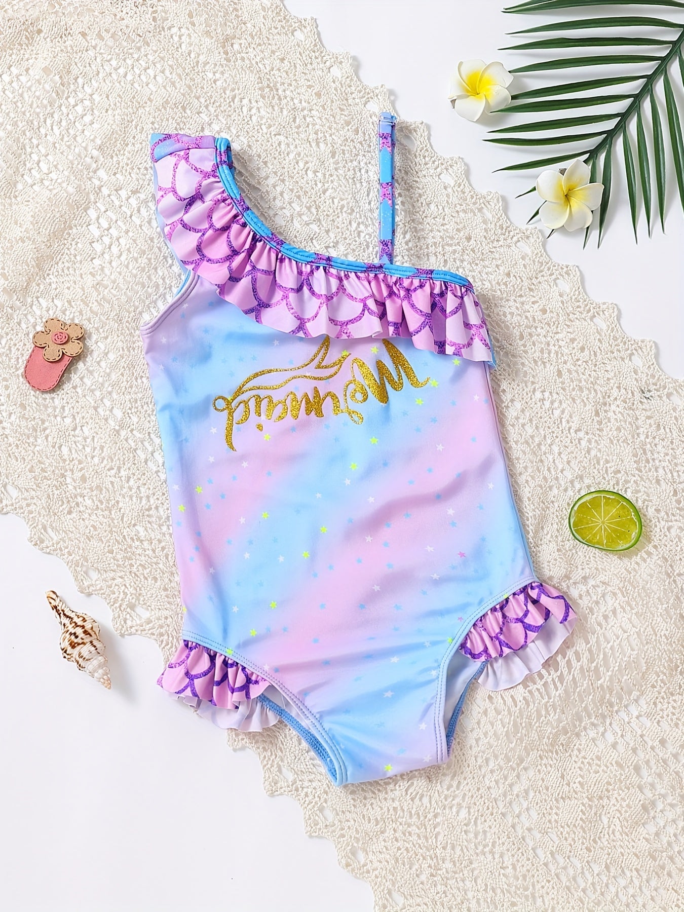 Girls One Shoulder Mermaid Swimwear Frilled Bathing Suit
