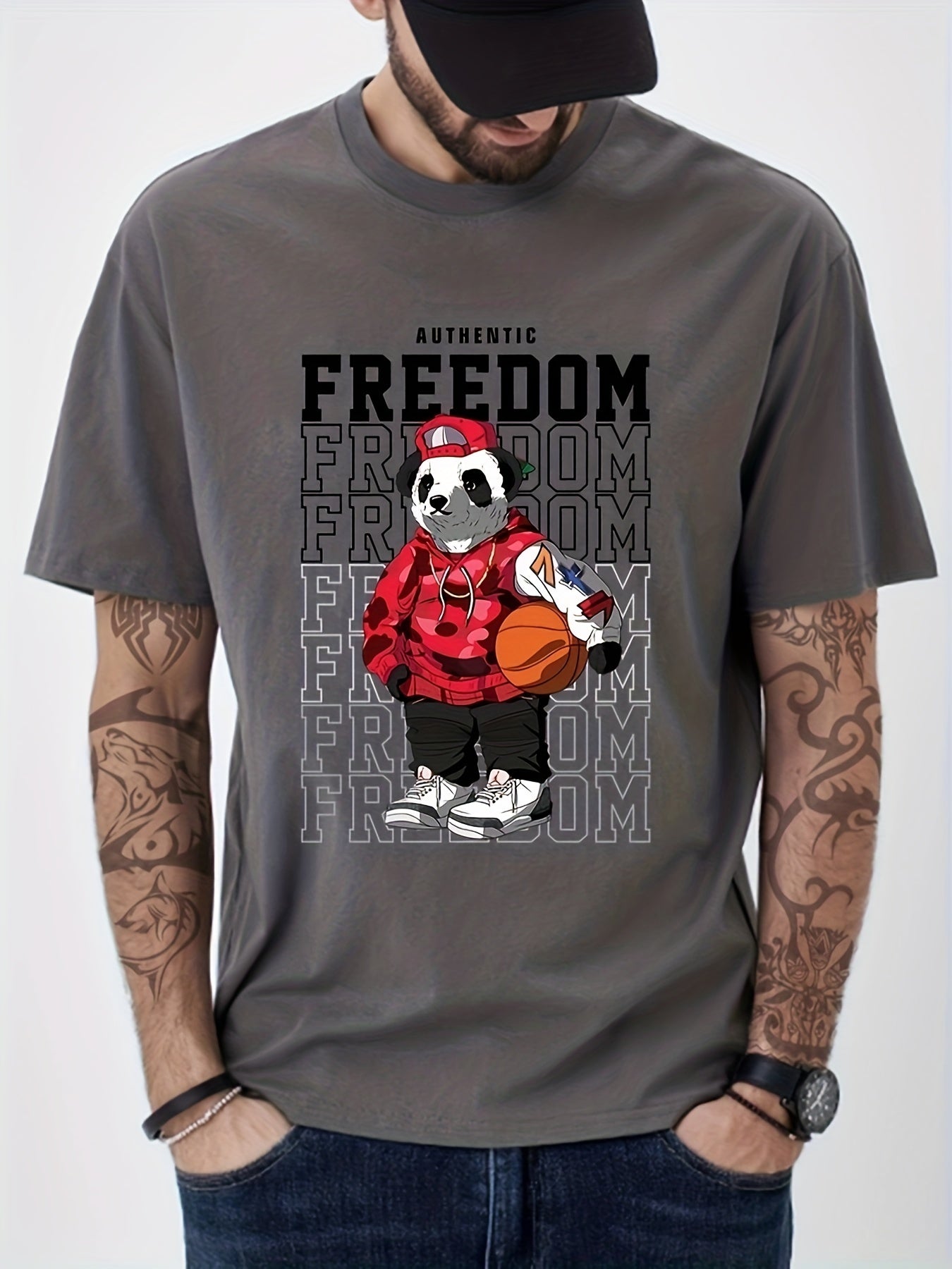 Cotton Anime Panda & Freedom Print Men's Graphic Tee Casual Comfy T shirt