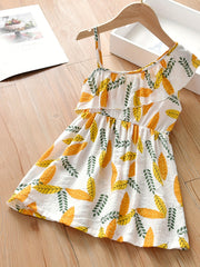Girls Leaves Graphic Ruffled Cami Dress Sundress For Party Beach