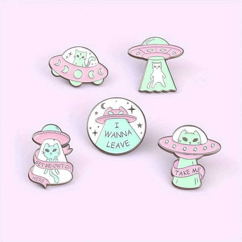 Cartoon Alien Spaceship Alloy Emblem Brooch for Women Girls
