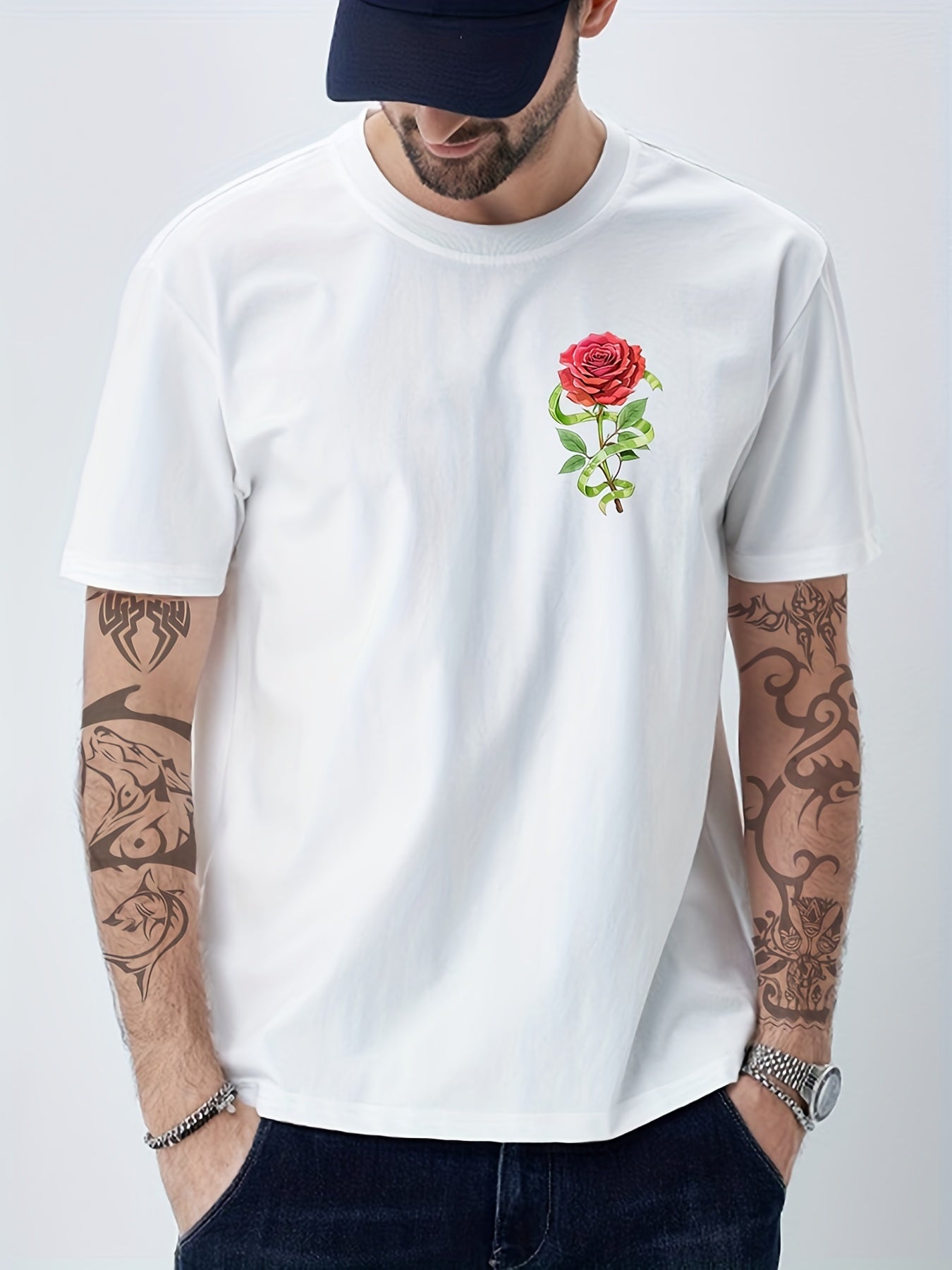 Solid Cotton Flower Print Men's Graphic Crew Neck T shirt Casual Comfy Tees