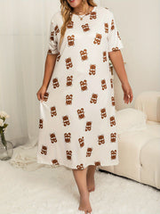 Bear Print Nightdress Short Sleeve Round Neck Plain Sleep Dress