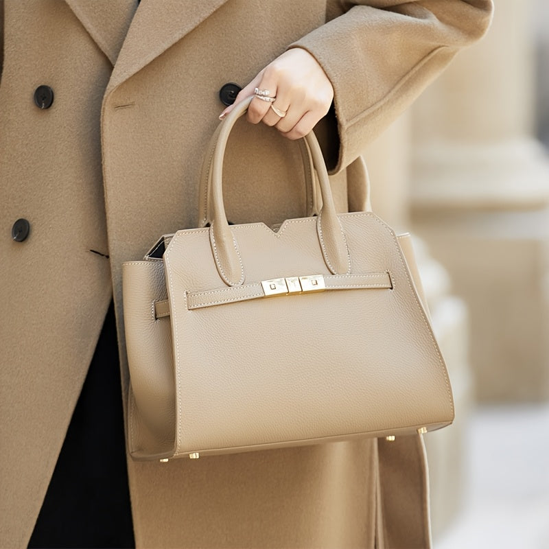 Large Capacity Beige Leather Handbag with Adjustable Strap