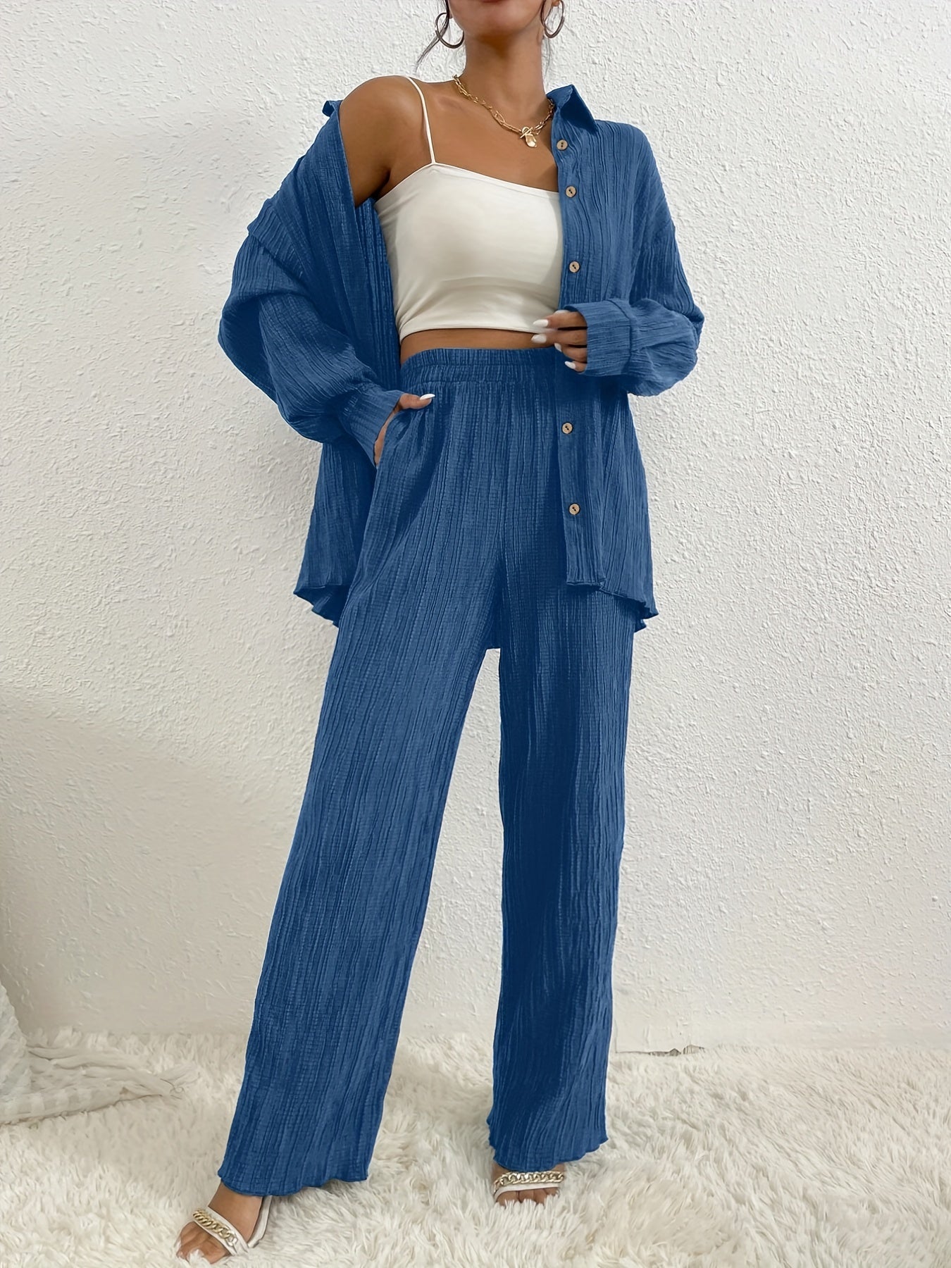 Casual Two piece Set Button Front Long Sleeve Shirt & Wide Leg Pants