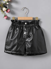 Girls High Waist Ruffles PU Leather Button Shorts