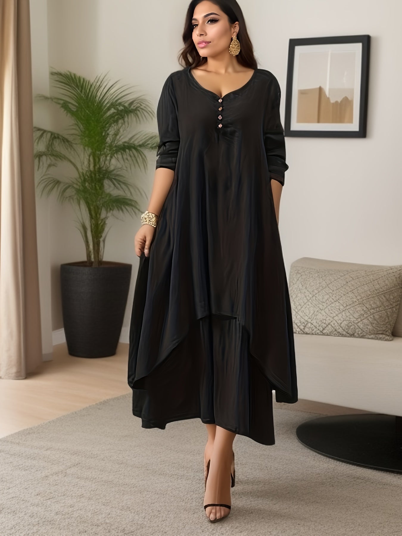 Solid Button Decor V Neck Maxi Dress