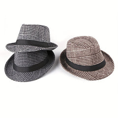 Retro Plaid Wide Brim Fedora Hat for Party Meeting