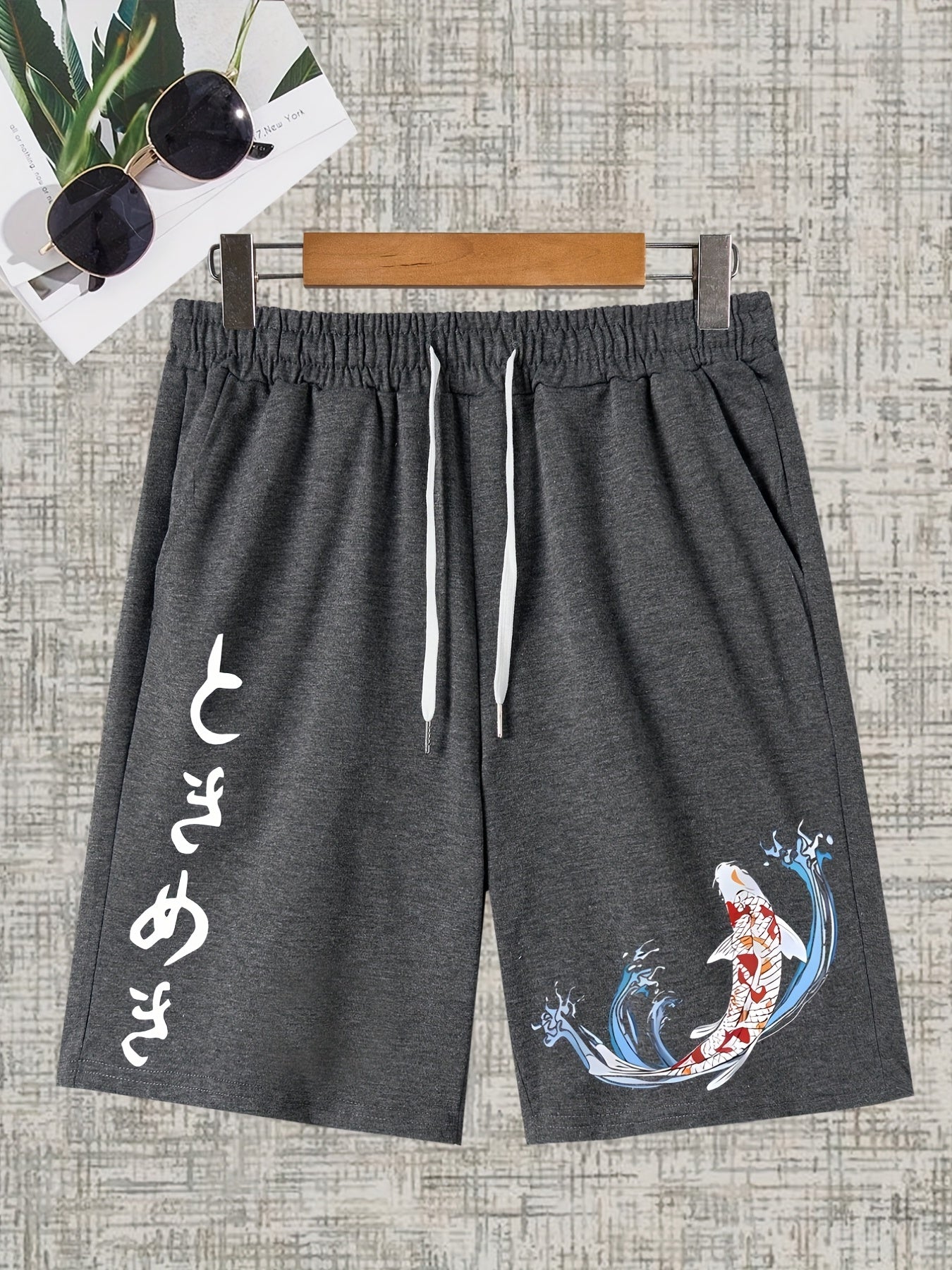 Koi Fish Pattern Comfy Active Shorts Men's Casual Stretch Drawstring Shorts
