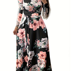 Floral Print Maxi Dress Women's Plus Round Neck Fit And Flare