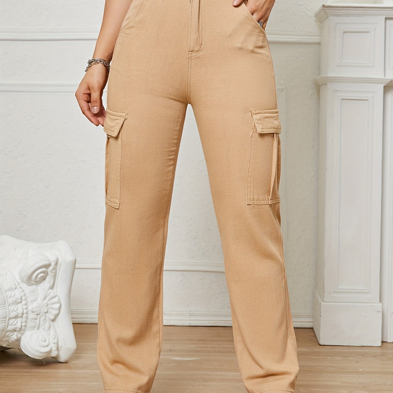 Apricot High Waist Straight Jeans Flap Pockets High Rise Loose Fit Wide Leg