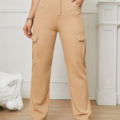 Apricot High Waist Straight Jeans Flap Pockets High Rise Loose Fit Wide Leg