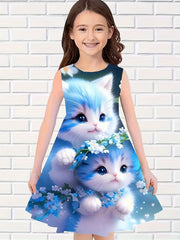 Girls Cat Graphic Sleeveless Dress for Summer