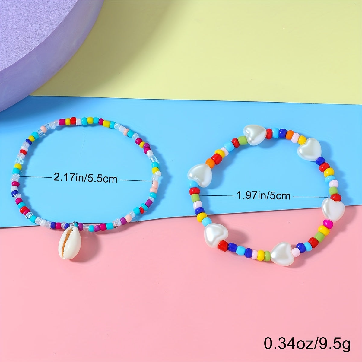2pcs Colorful Beaded Shell Pendant Anklet Girls Holiday Gift
