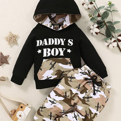 2pcs Boys Camo Print Hoodie & Sweatpants Set for Winter