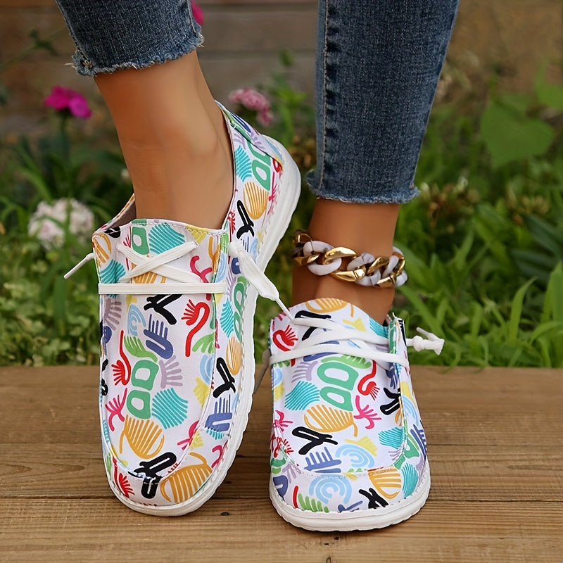 Women's Colorful Graffiti Print Slip On Lace up Flat Canvas Shoes