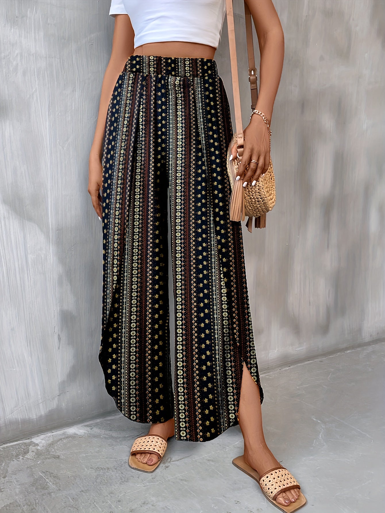 Tribal Print Wide Leg Pants Elastic Waist Casual Pants