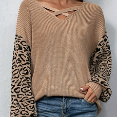 Colorblock Leopard Print Lantern Sleeve Sweater
