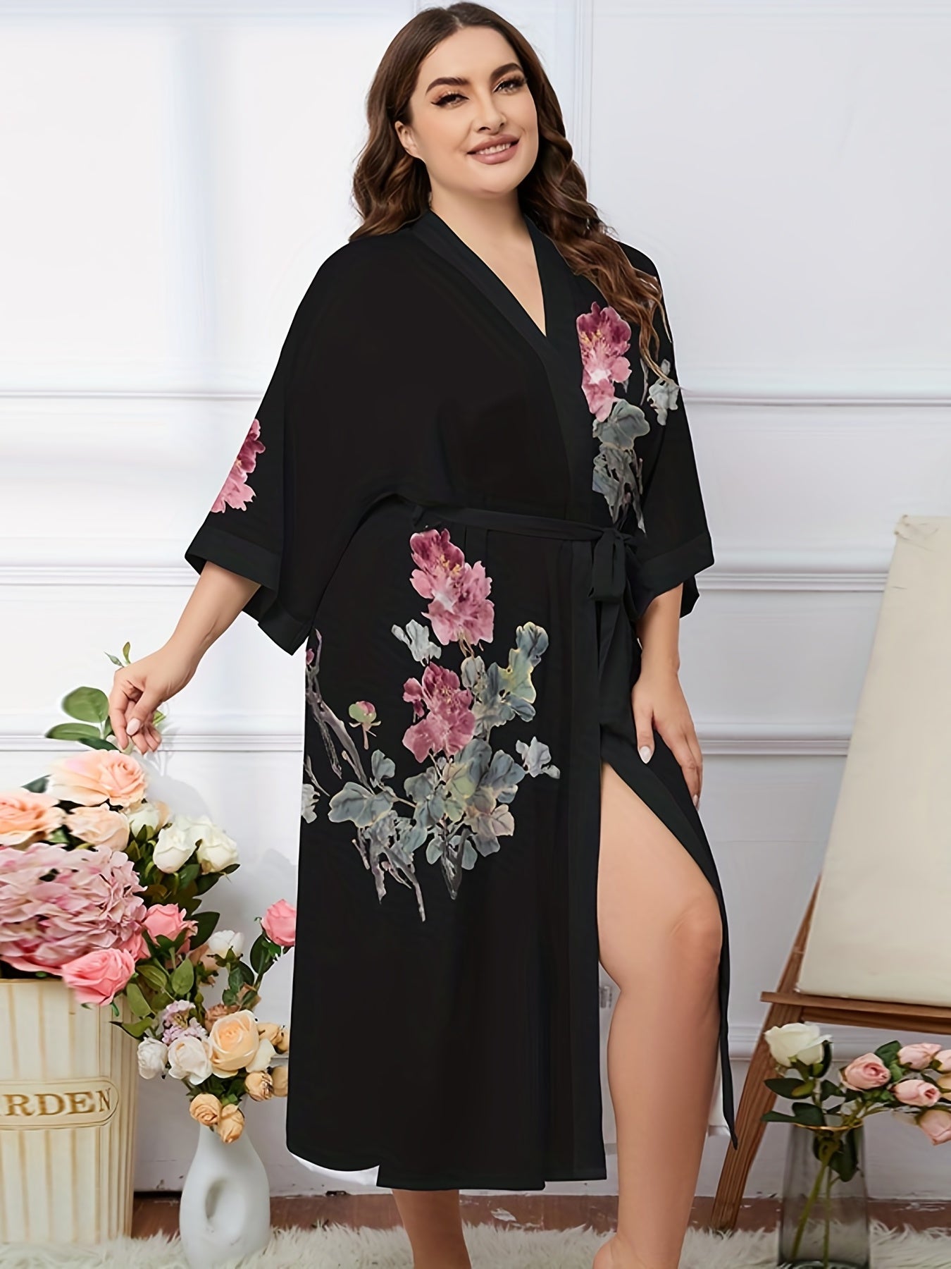 Floral Print Plus Size Long Sleeve Nightgown