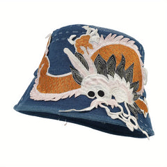 3D Dragon Embroidery Bucket Hat Denim Vintage Basin Hat