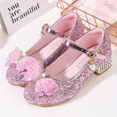 Glitter Bowknot Dress Shoes Low Heel for Kids
