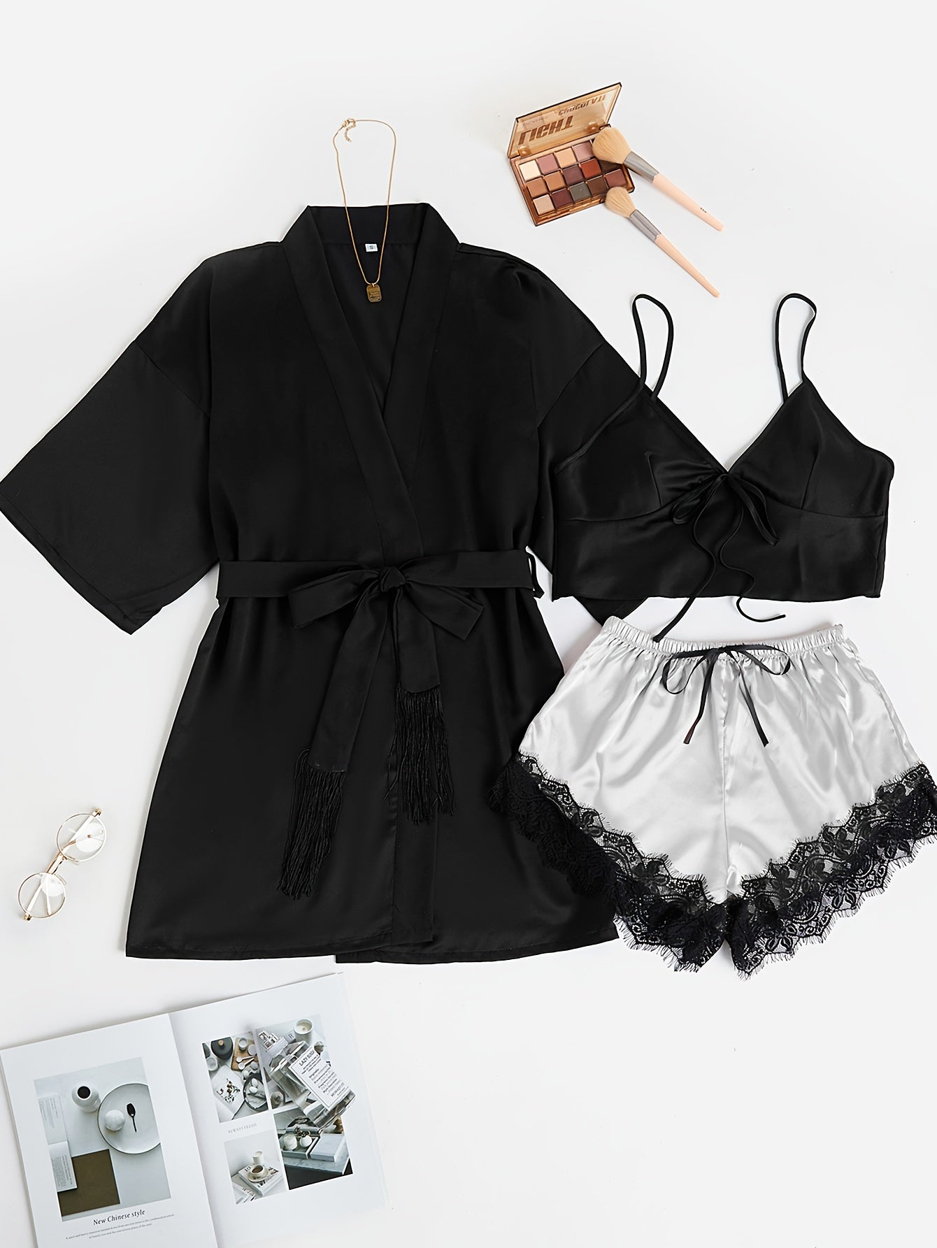 Satin Pajama Set V Neck Robe & Cami Top & Lace Trim Shorts