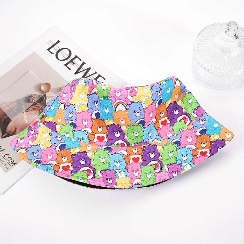 Cartoon Bear Print Bucket Hat Block Pink Basin Hat Lightweight Sun Shade Fisherm